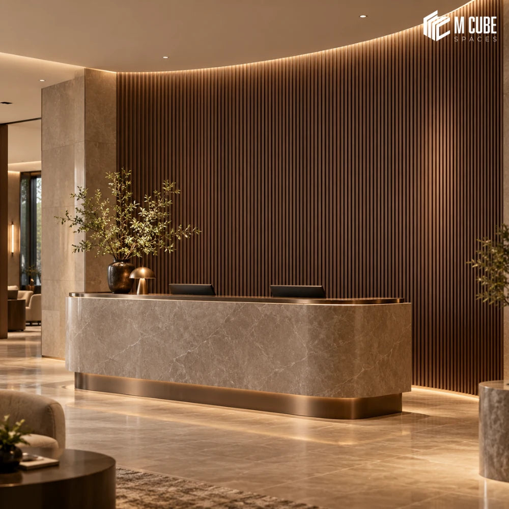 MLV-UME-137 flexible PVC finish louver panel on curved fluted feature wall in hotel reception, 6 mm HDHMR-backed interior cladding
