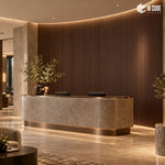 MLV-UME-137 flexible PVC finish louver panel on curved fluted feature wall in hotel reception, 6 mm HDHMR-backed interior cladding