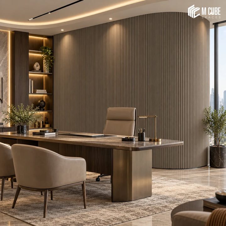 MLV-UME-138 flexible PVC finish louver panel on curved fluted feature wall in executive office, 6 mm HDHMR-backed interior cladding