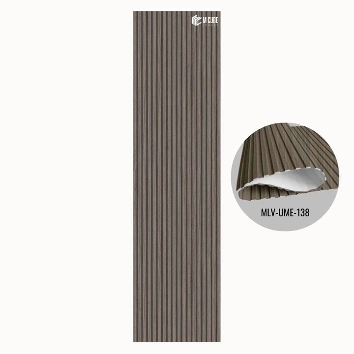 MLV-UME-138 premium flexible fluted wall panel, HDHMR backing and PVC finish, 6 mm bendable decorative louvers for curved interior walls and columns