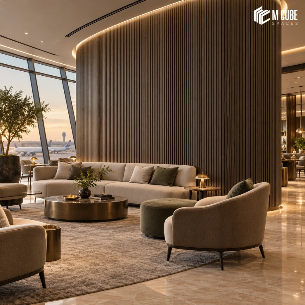 MLV-UME-141 flexible PVC finish louver panel on curved fluted feature wall in executive lounge, 6 mm HDHMR-backed interior cladding