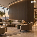 MLV-UME-141 flexible PVC finish louver panel on curved fluted feature wall in executive lounge, 6 mm HDHMR-backed interior cladding