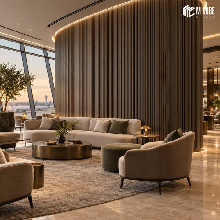 MLV-UME-141 flexible PVC finish louver panel on curved fluted feature wall in executive lounge, 6 mm HDHMR-backed interior cladding