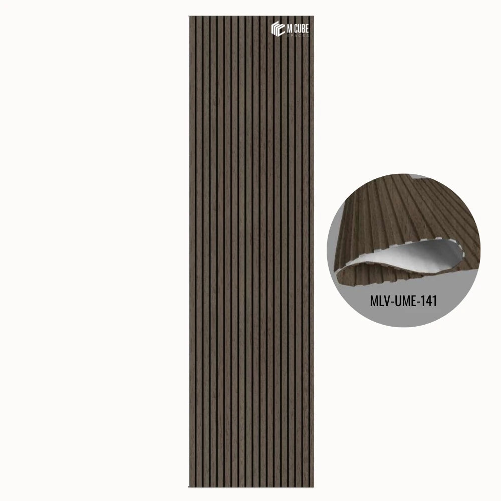 MLV-UME-141 premium flexible fluted wall panel, HDHMR backing and PVC finish, 6 mm bendable decorative louvers for curved interior walls and columns