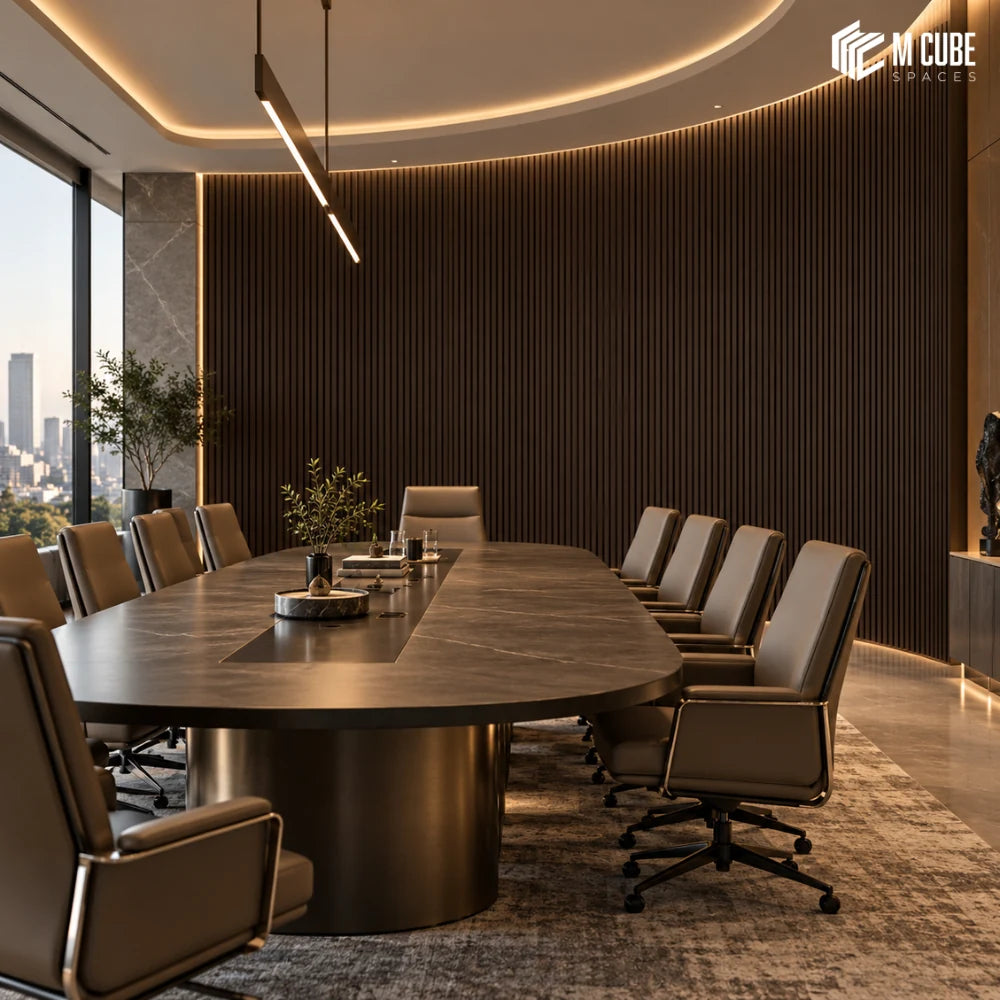 MLV-UME-143 flexible PVC finish louver panel on curved fluted feature wall in corporate boardroom, 6 mm HDHMR-backed interior cladding