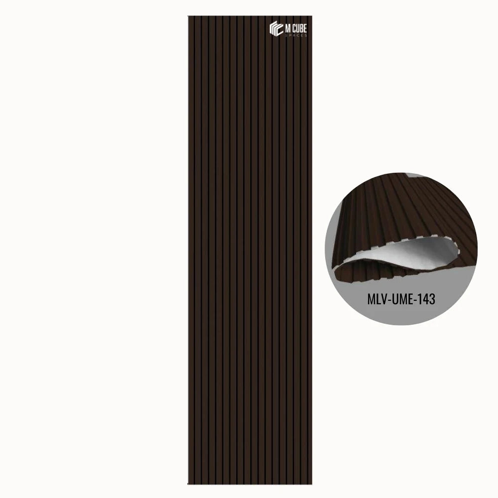 MLV-UME-143 premium flexible fluted wall panel, HDHMR backing and PVC finish, 6 mm bendable decorative louvers for curved interior walls and columns