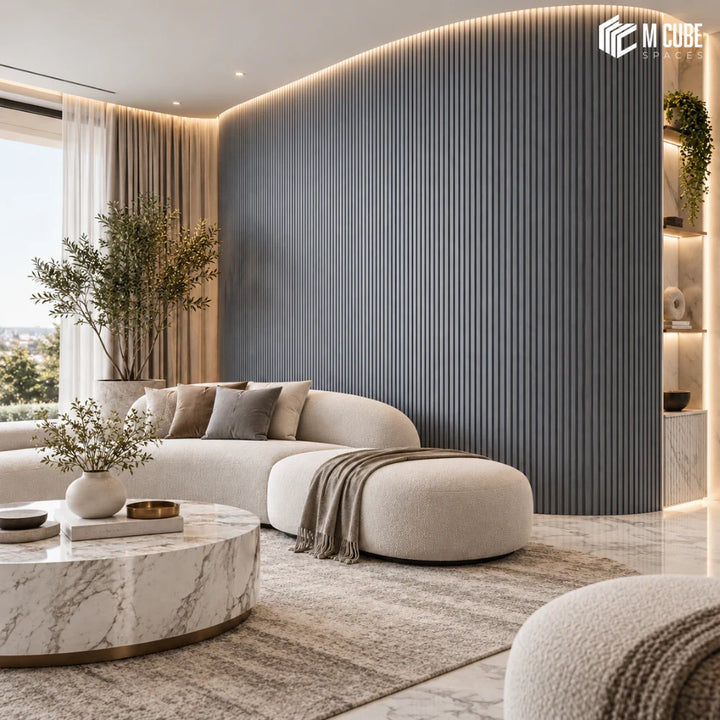 MLV-UME-144 flexible PVC finish louver panel on curved fluted feature wall in contemporary living room, 6 mm HDHMR-backed interior cladding