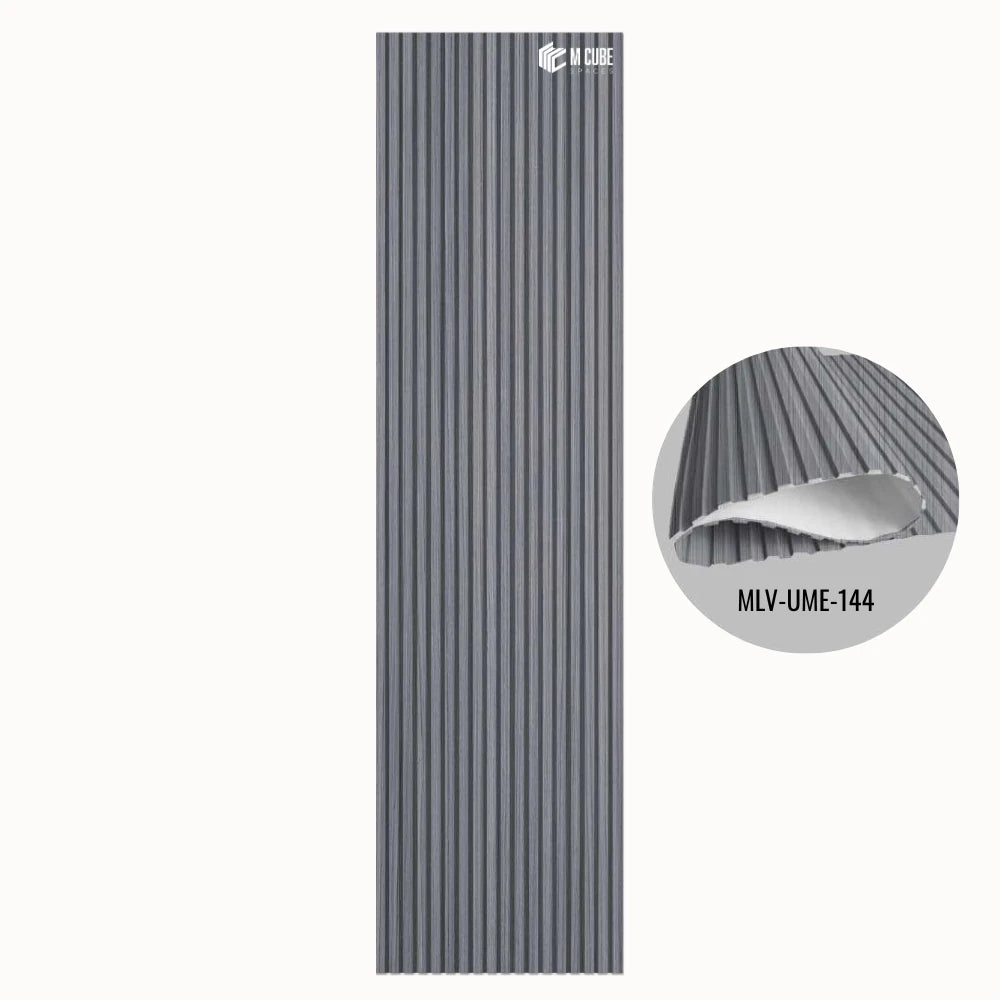 MLV-UME-144 premium flexible fluted wall panel, HDHMR backing and PVC finish, 6 mm bendable decorative louvers for curved interior walls and columns