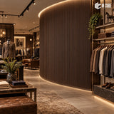 MLV-UME-145 flexible PVC finish louver panel on curved fluted feature wall in luxury fashion boutique, 6 mm HDHMR-backed interior cladding