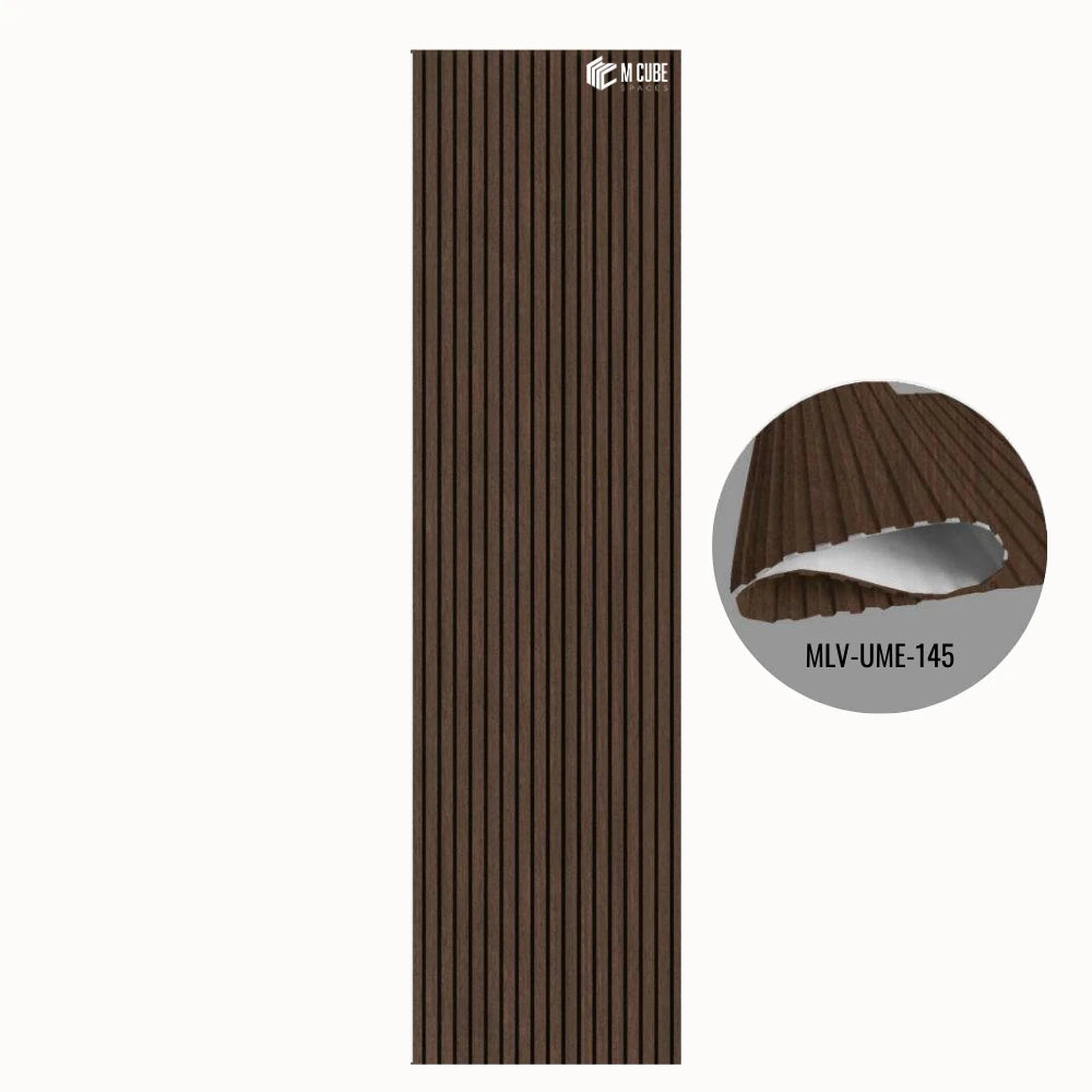 MLV-UME-145 premium flexible fluted wall panel, HDHMR backing and PVC finish, 6 mm bendable decorative louvers for curved interior walls and columns