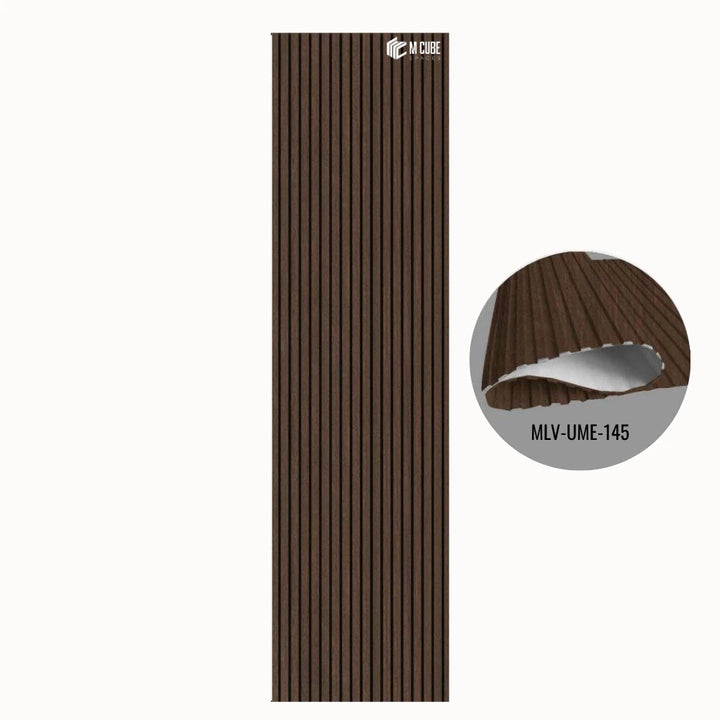 MLV-UME-145 premium flexible fluted wall panel, HDHMR backing and PVC finish, 6 mm bendable decorative louvers for curved interior walls and columns