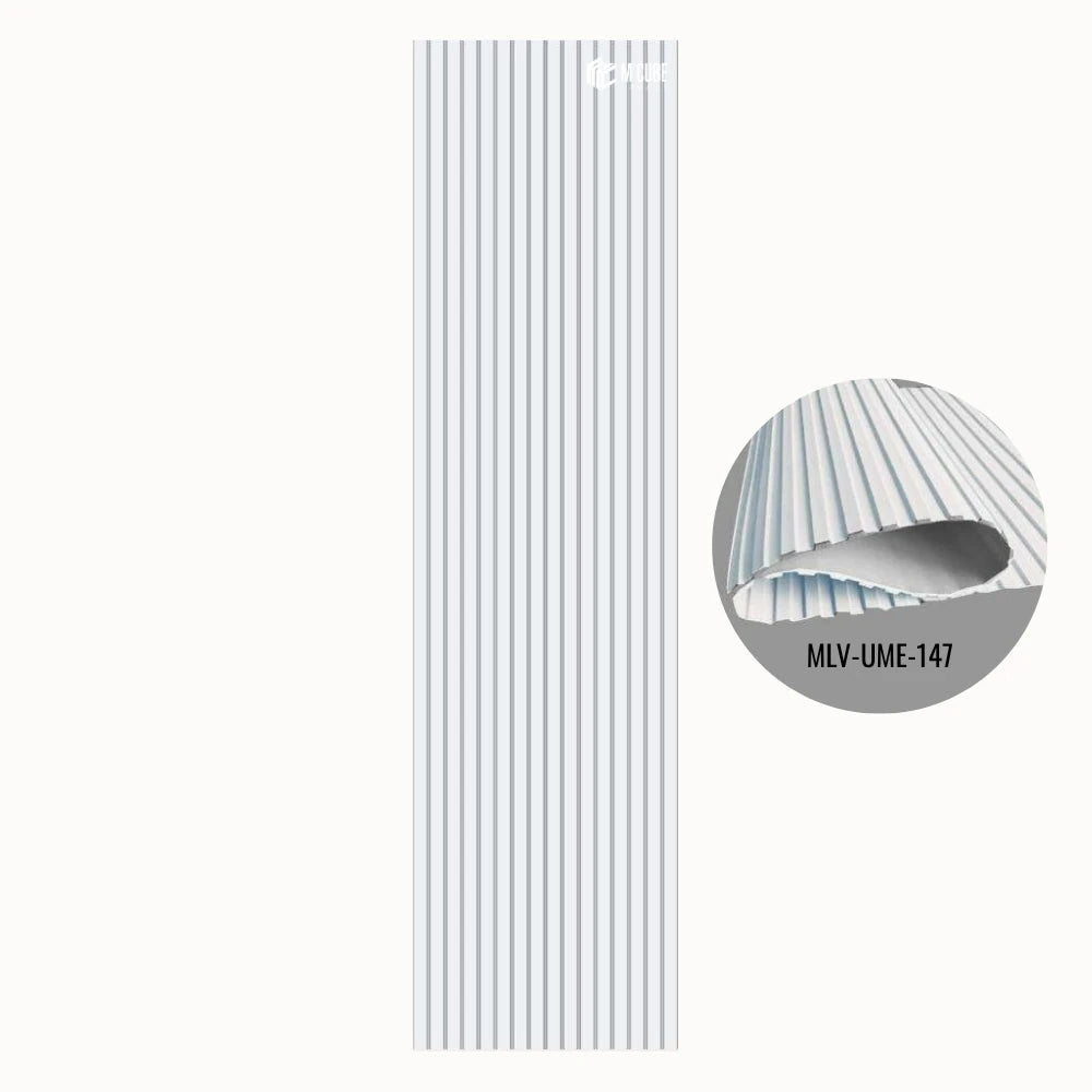 MLV-UME-147 premium flexible fluted wall panel, HDHMR backing and PVC finish, 6 mm bendable decorative louvers for curved interior walls and columns