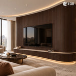 MLV-UME-148 flexible PVC finish louver panel on curved fluted feature wall in luxury living room, 6 mm HDHMR-backed interior cladding