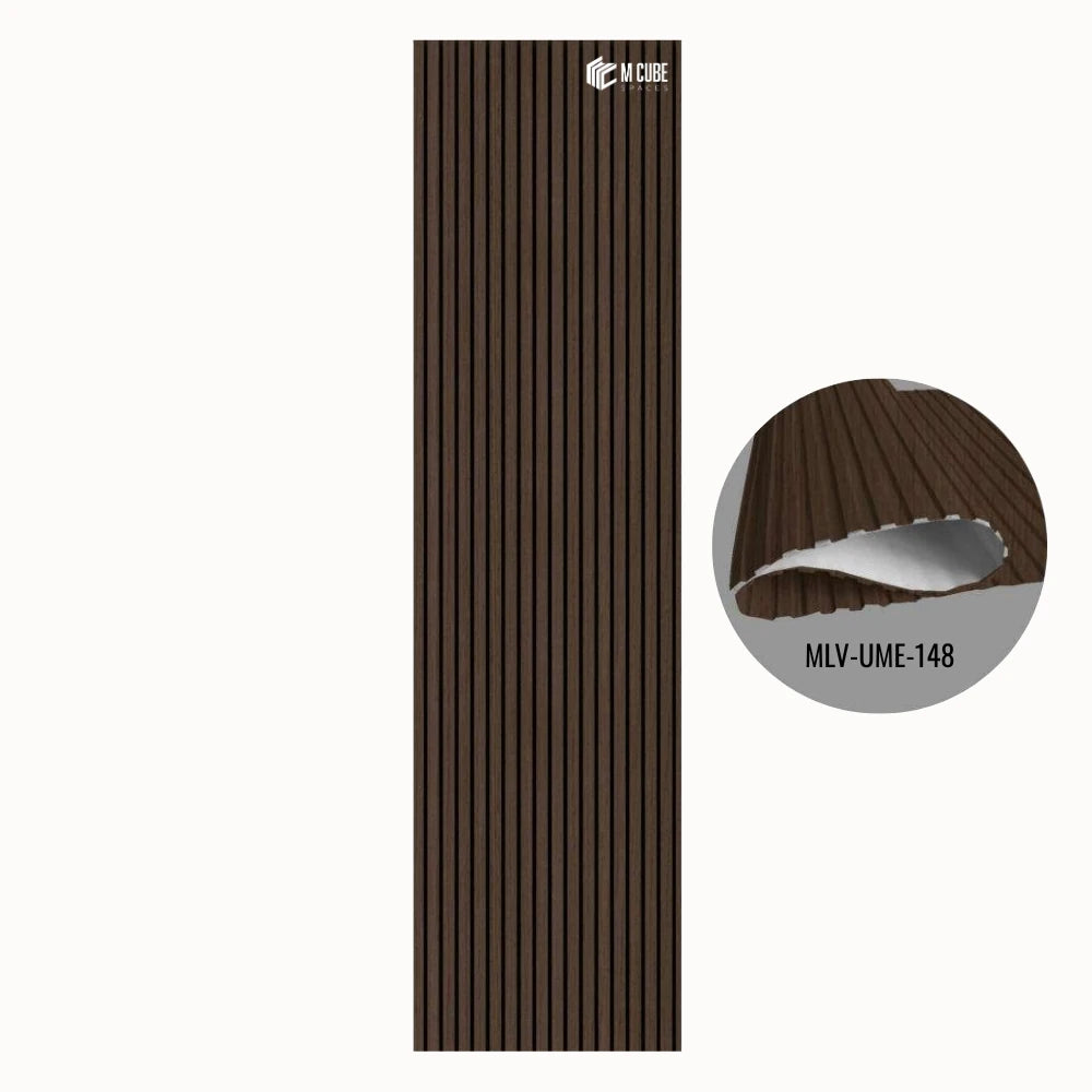 MLV-UME-148 premium flexible fluted wall panel, HDHMR backing and PVC finish, 6 mm bendable decorative louvers for curved interior walls and columns