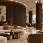 MLV-UME-149 flexible PVC finish louver panel on curved fluted feature wall in luxury residential lounge, 6 mm HDHMR-backed interior cladding
