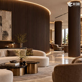 MLV-UME-149 flexible PVC finish louver panel on curved fluted feature wall in luxury residential lounge, 6 mm HDHMR-backed interior cladding