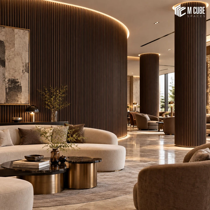 MLV-UME-149 flexible PVC finish louver panel on curved fluted feature wall in luxury residential lounge, 6 mm HDHMR-backed interior cladding