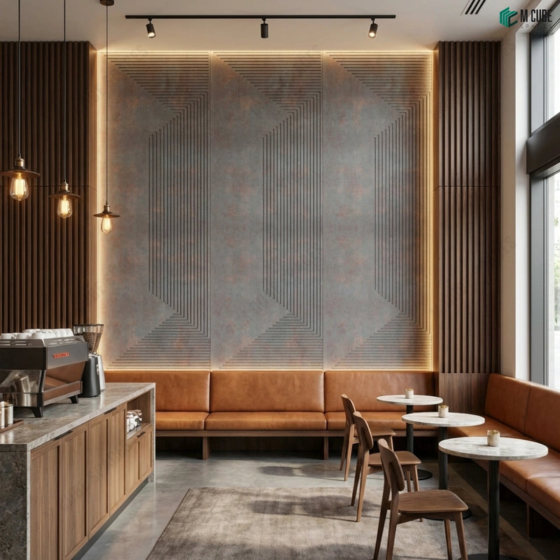 Patina Ash Linear Ceramic Panels and Dark Wood Louvers in Café Seating Area