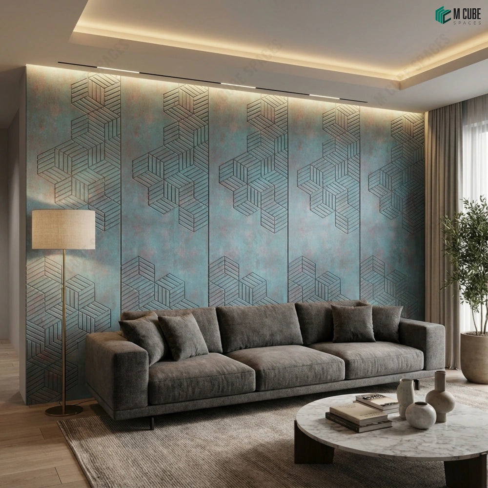 Aqua blue 3d geometric ceramic feature wall in living room - Living interior inspiration