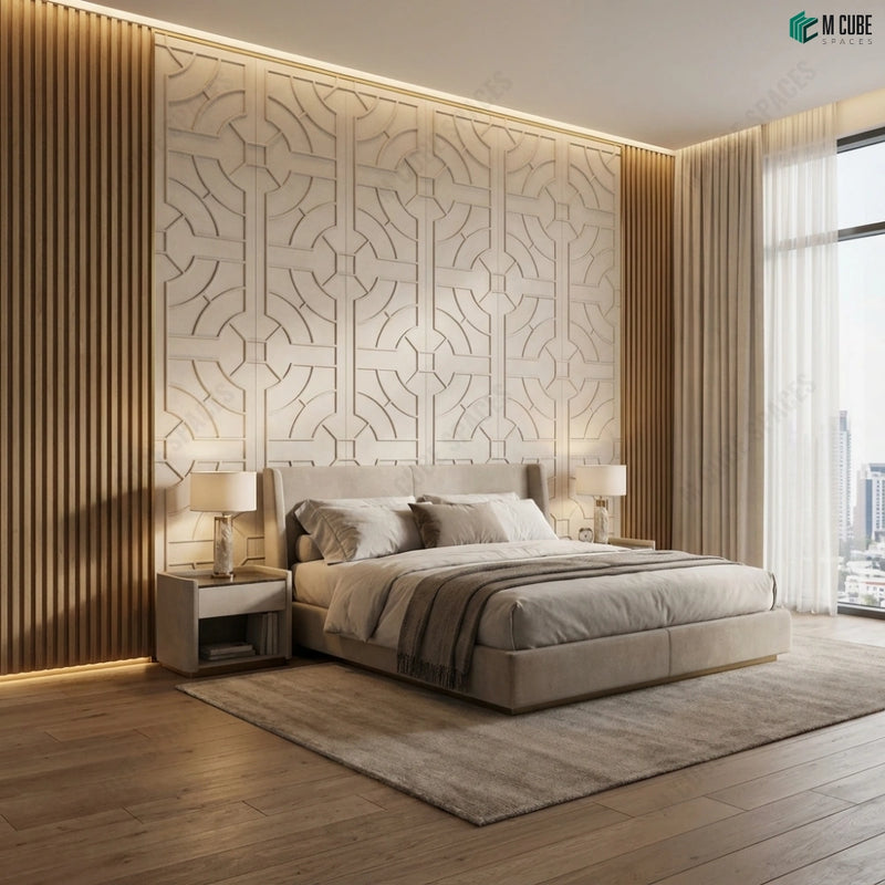 Pale Beige Textured Ceramic Panels in Bedroom Feature Wall