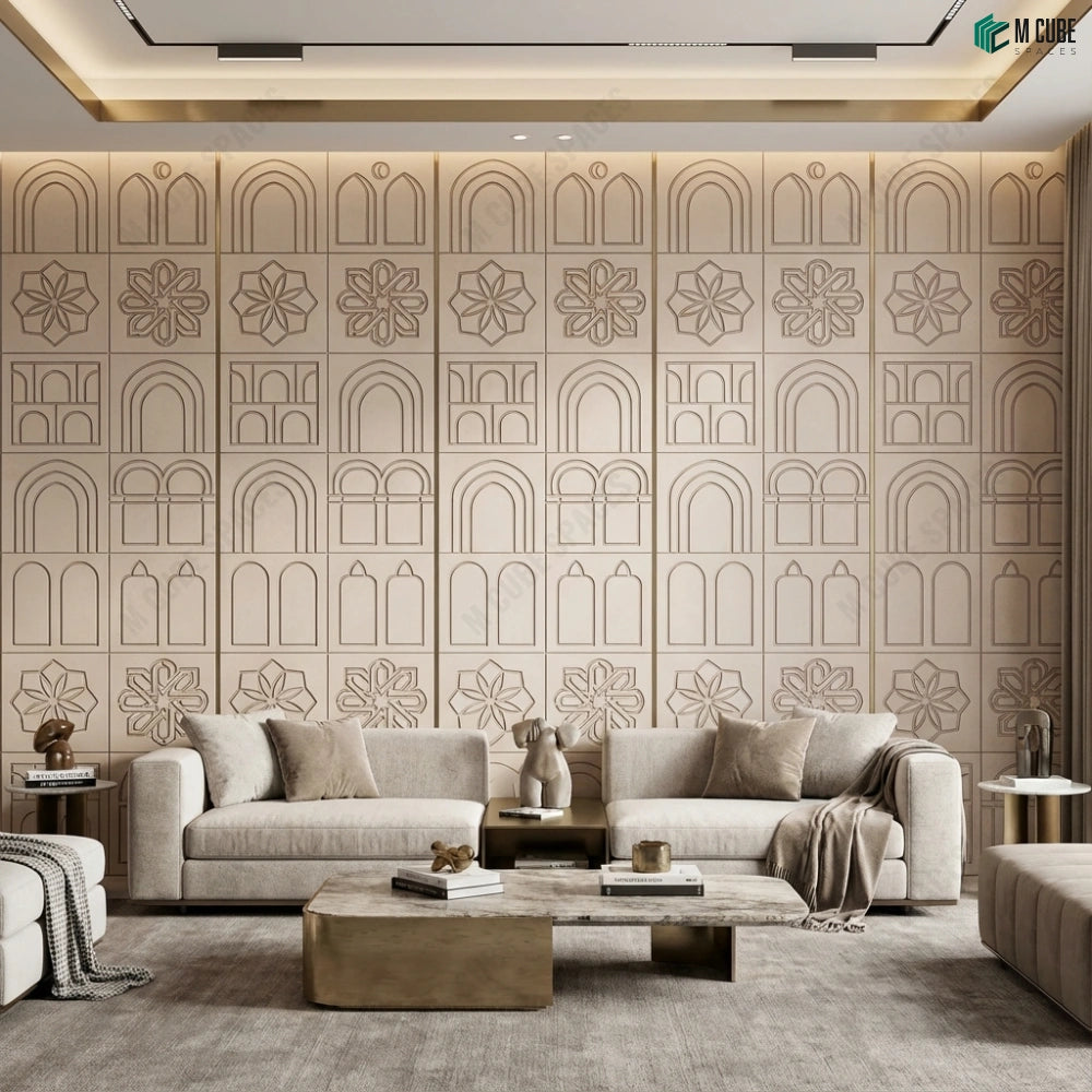 Artistic living room wall with rockblend pattern panels - Living interior inspiration
