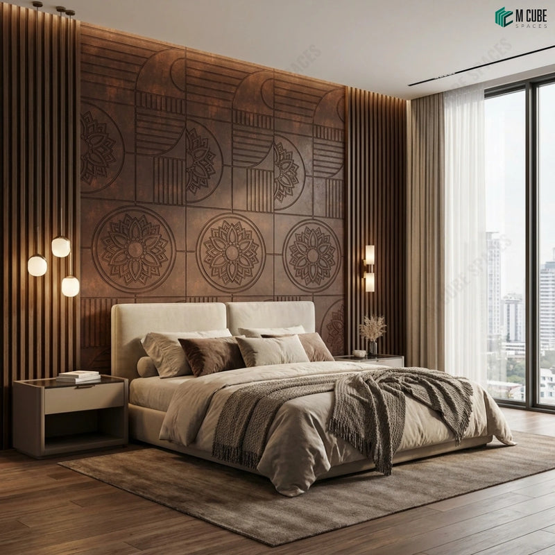 Premium Residential Bedroom with Rockblend and Wooden Louvers Feature Wall