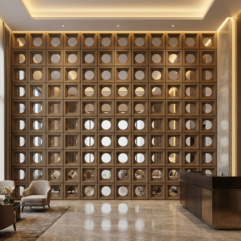 Circular Cutout PU Jaali Panel defining a Grand Lobby Feature Wall