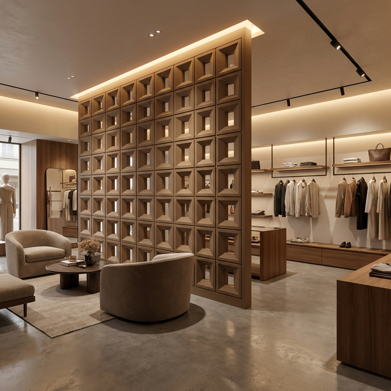 PU Jaali Grid Panels shaping a Luxury Retail Zoning Divider