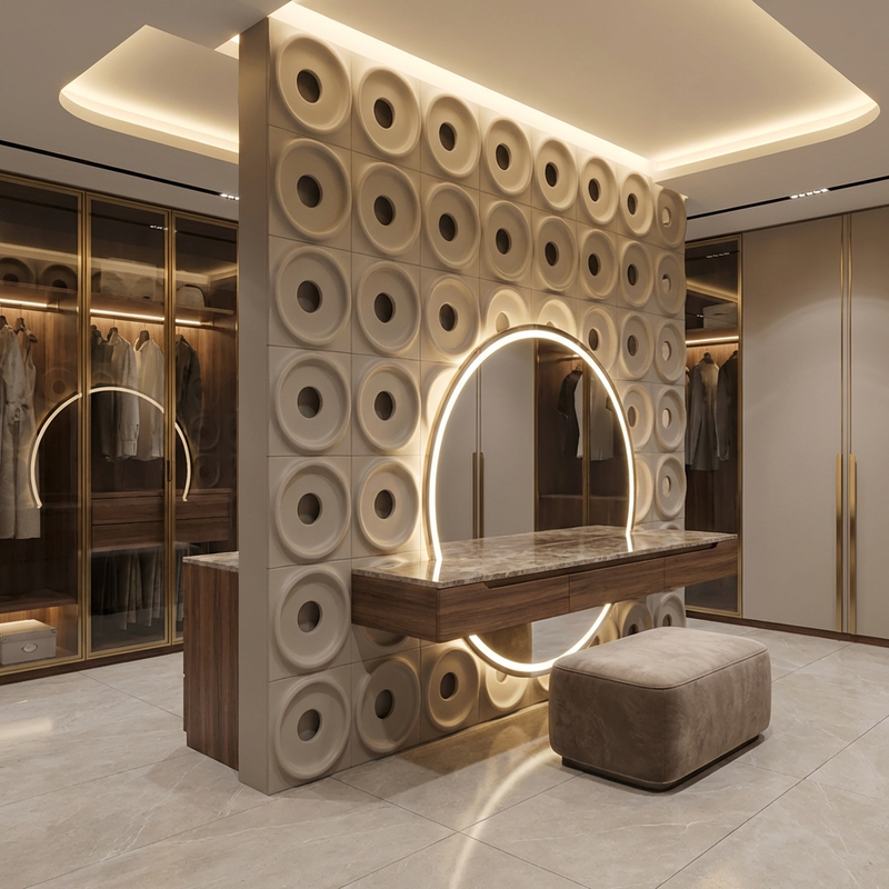 Circular 3D PU Jaali Panel elevating a Luxury Walk-In Wardrobe Vanity Wall