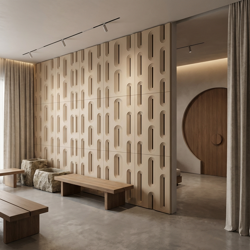 Japandi Minimalist Spa Partition designed with PU Jaali Panels