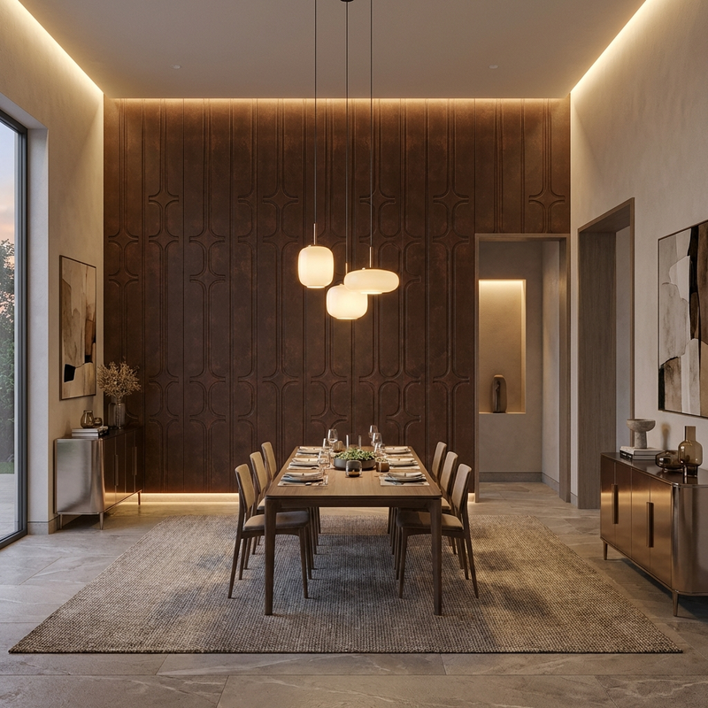 Brown Decorative Panels on a statement wall in a Contemporary Spacious Dining Area