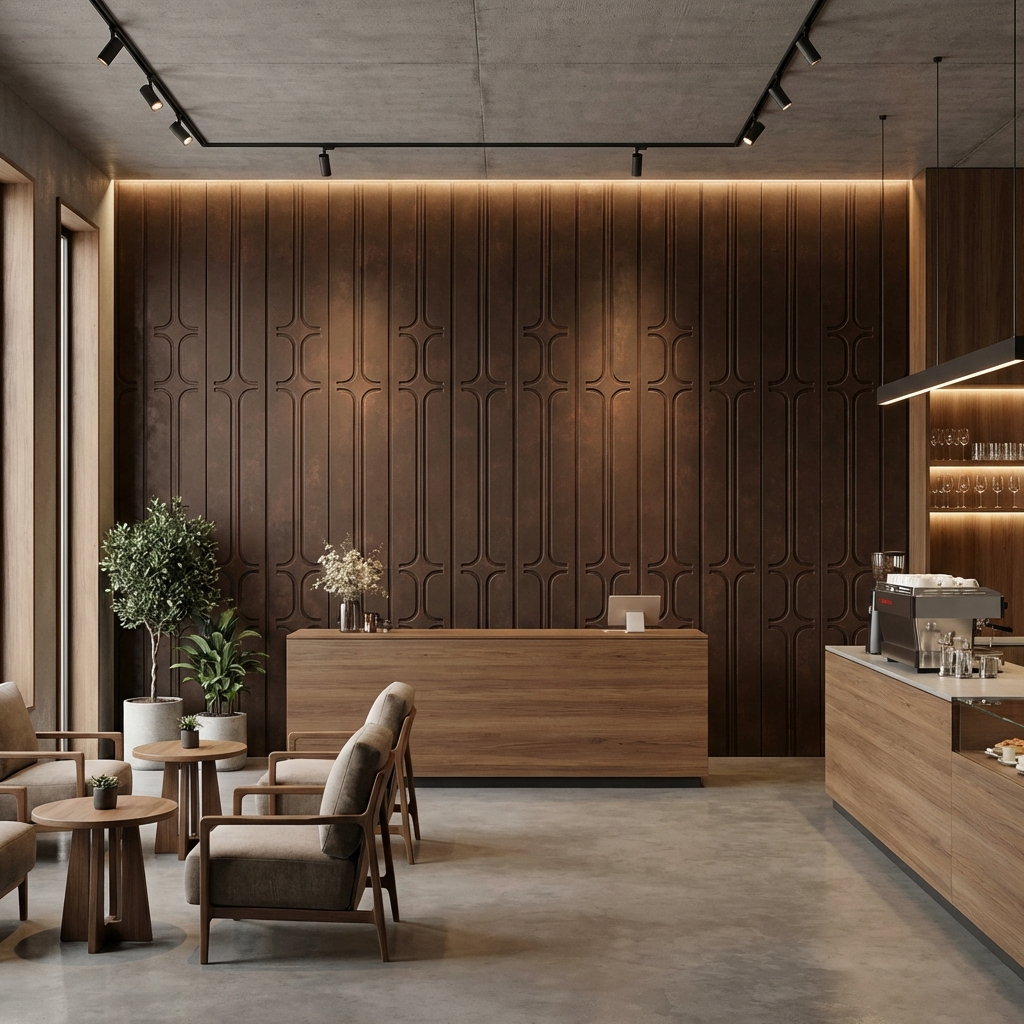 Calm modern cafe backdrop in brown abstract design decorative panels - Commercial interior inspiration