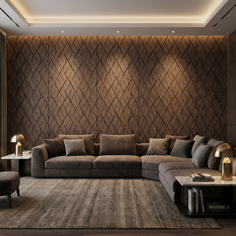 Brown Charcoal Panels as a Bold Statement Wall in Modern Living Room 