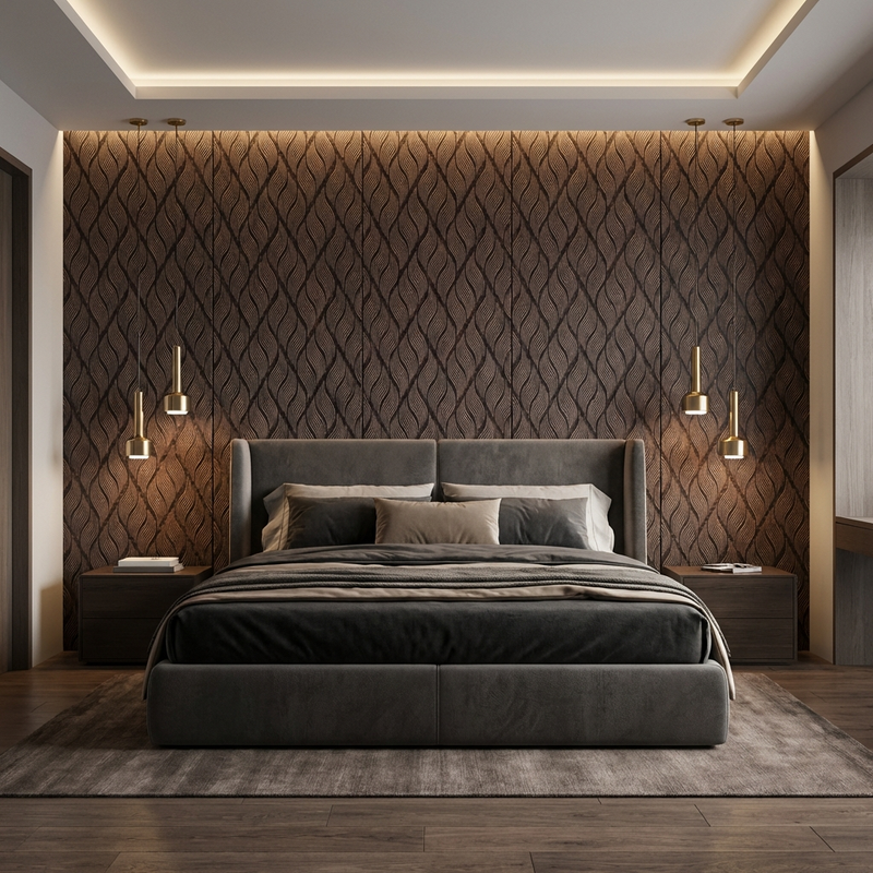 Brown Charcoal Panels as Headboard in a Luxury Bed Room 