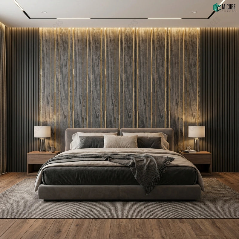 Stonecraft Panels with Vertical Brass Inlays in Luxury Bedroom