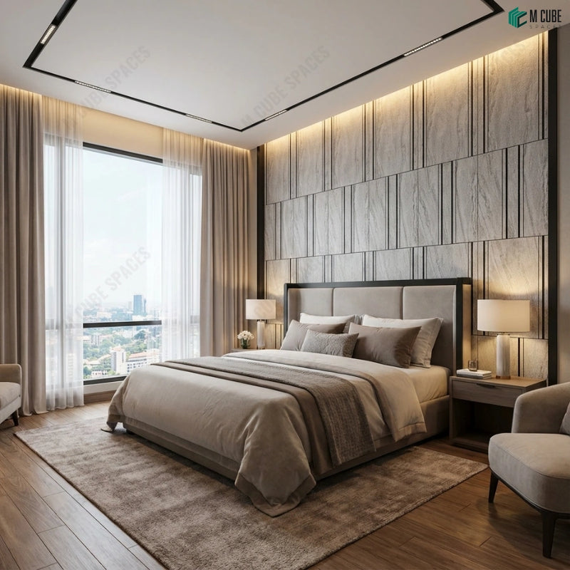 Linear Stonecraft Wall Panels in Contemporary Bedroom Design