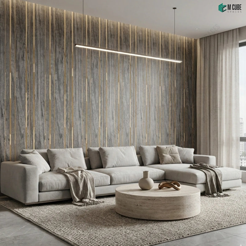 Vertical Veined Stone Panels for Contemporary Living Room Feature Walls