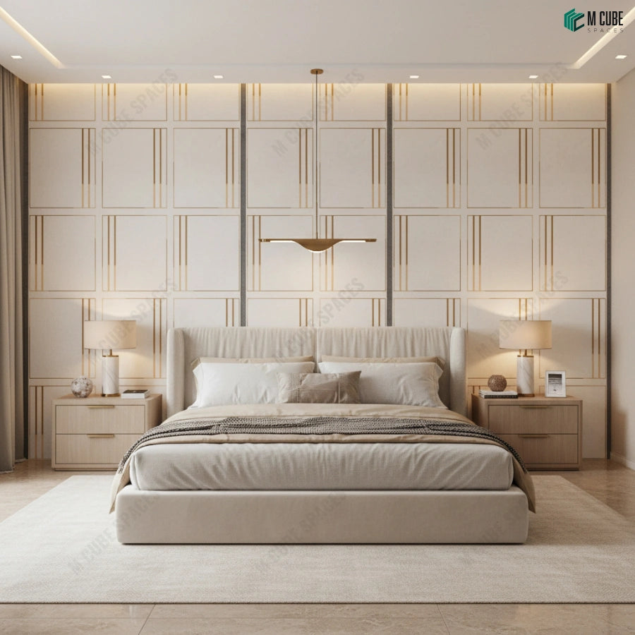 Panelled Stone Wall Design for Elegant Luxury Bedrooms – M Cube Spaces