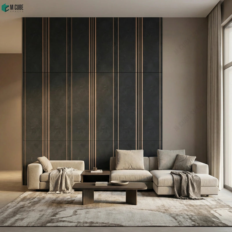 Dark Linear Stone Panels for Luxury Living Room Feature Walls