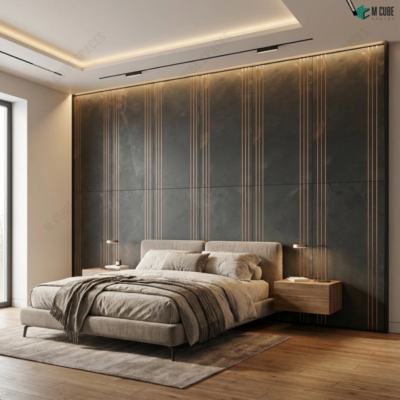 Contemporary Bedroom with Dark StoneCraft Accent Wall
