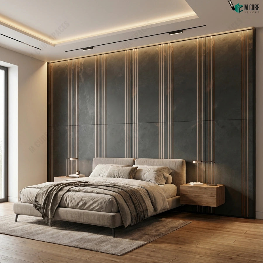 Contemporary Bedroom with Dark StoneCraft Accent Wall - Bedroom inspiration
