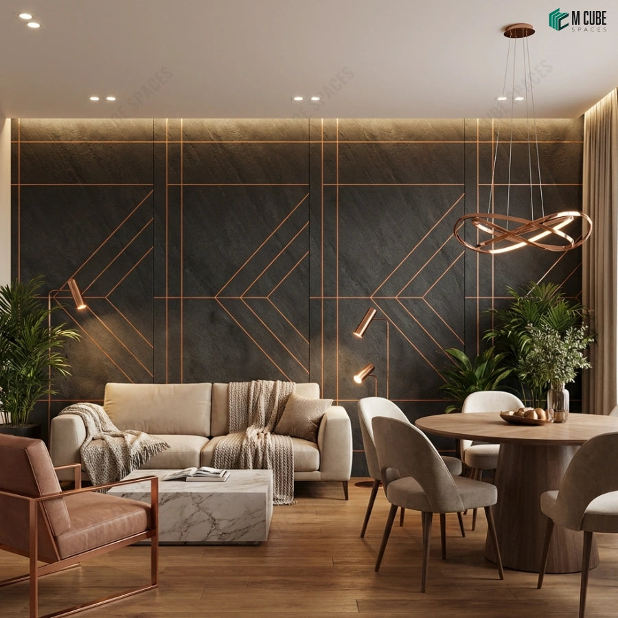 Geometric Stone Wall Panels for Living and Dining Interiors – M Cube Spaces