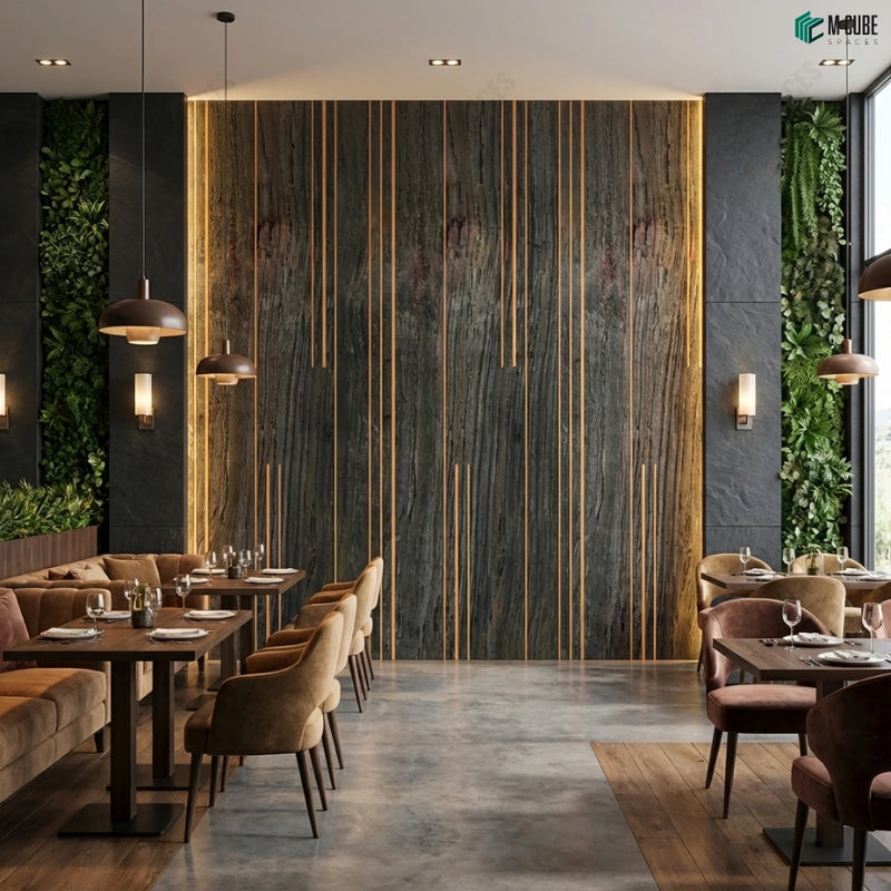 Biophilic Restaurant Space with StoneCraft Walls & Greenery