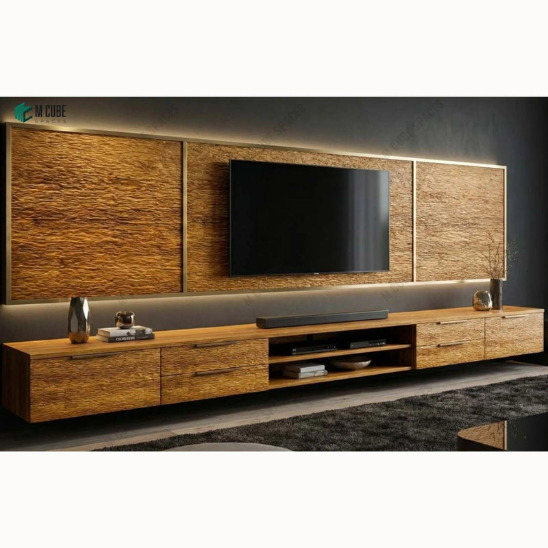 Vintage 3D Veneer TV Wall with Integrated Media Console