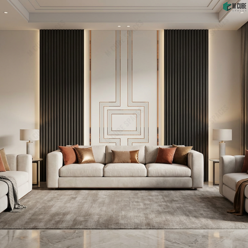 Grand Living Room Statement with Ceramic Panels & Sculpted Louvers