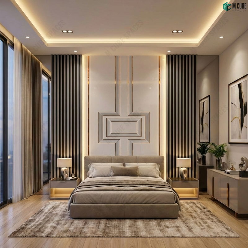 Luxury Bedroom Interior Featuring Ceramic Wall Panels & Fluted Paintable Panel